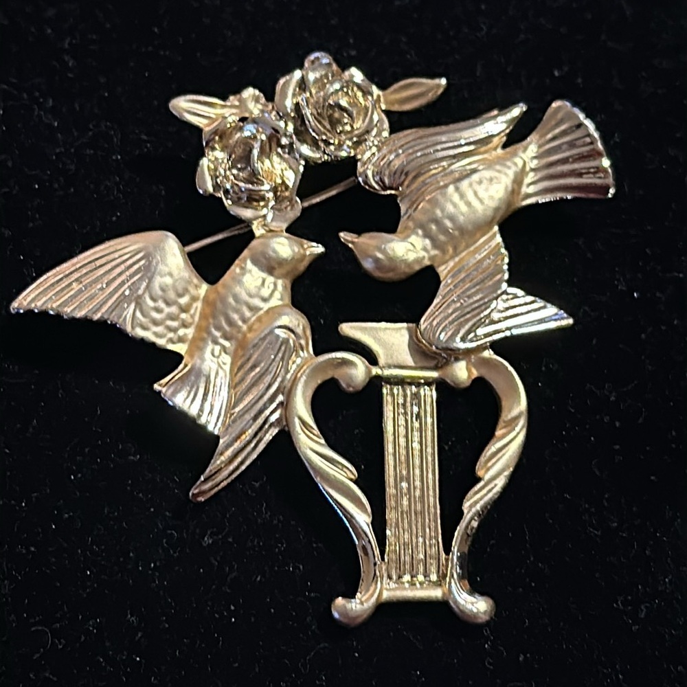 Vintage Birds Couple in love Harp Brooch Pin